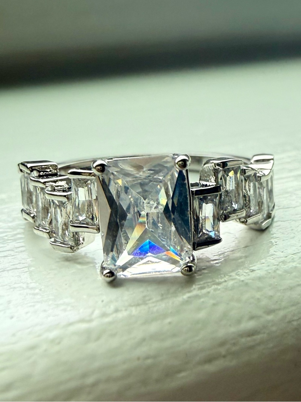 NEW!!Classic 14k White Gold-Plated Emerald Cut CZ Engagement Ring - White size 8 - Picture 5 of 15